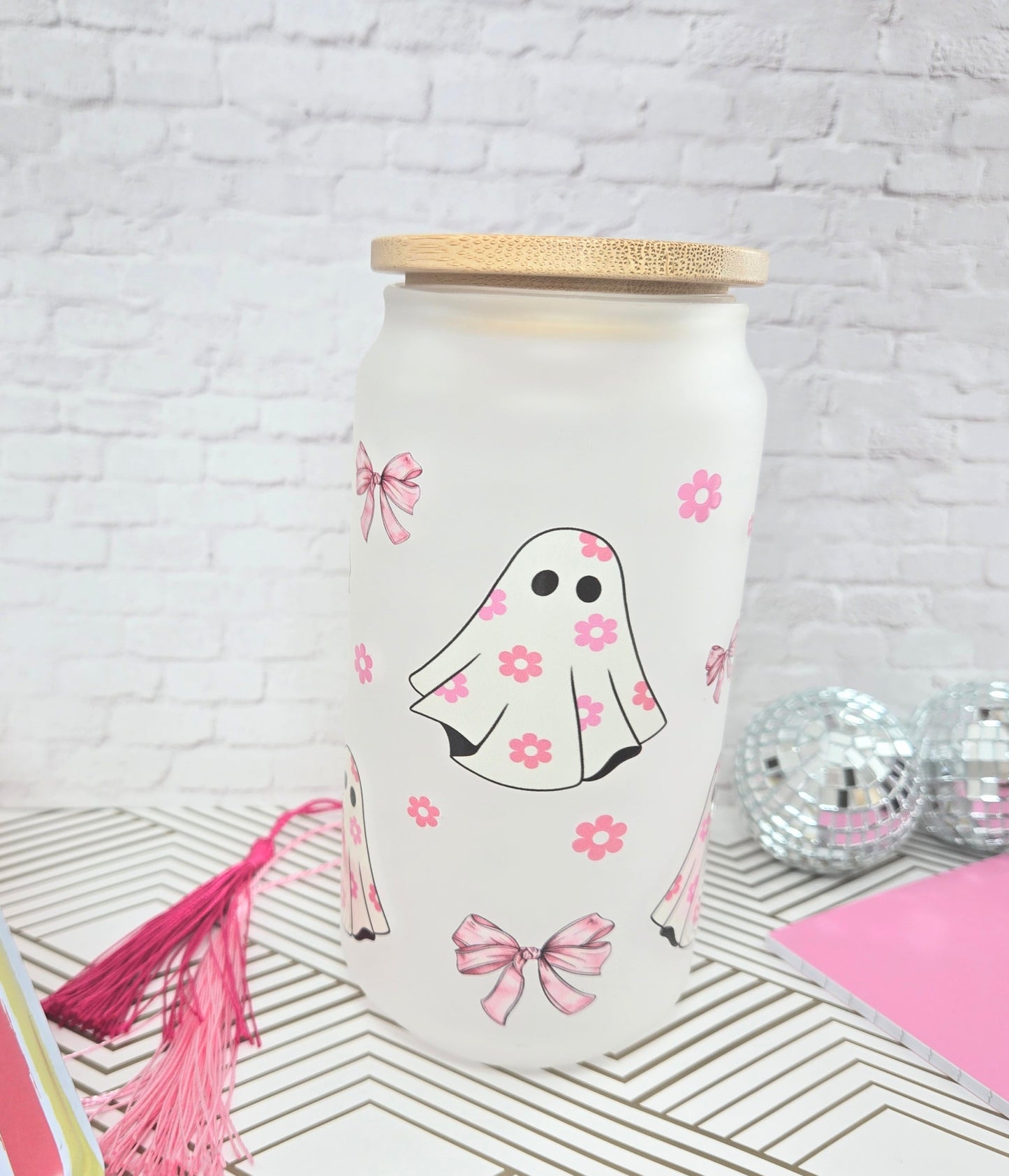 Coquette Pink Bows Ghost Glass Cup