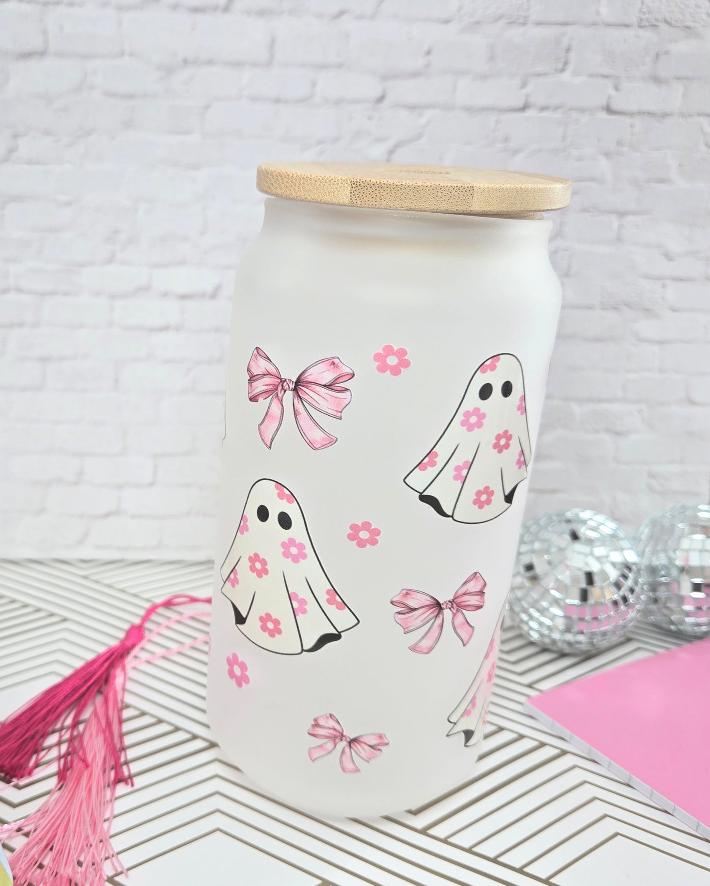 Coquette Pink Bows Ghost Glass Cup